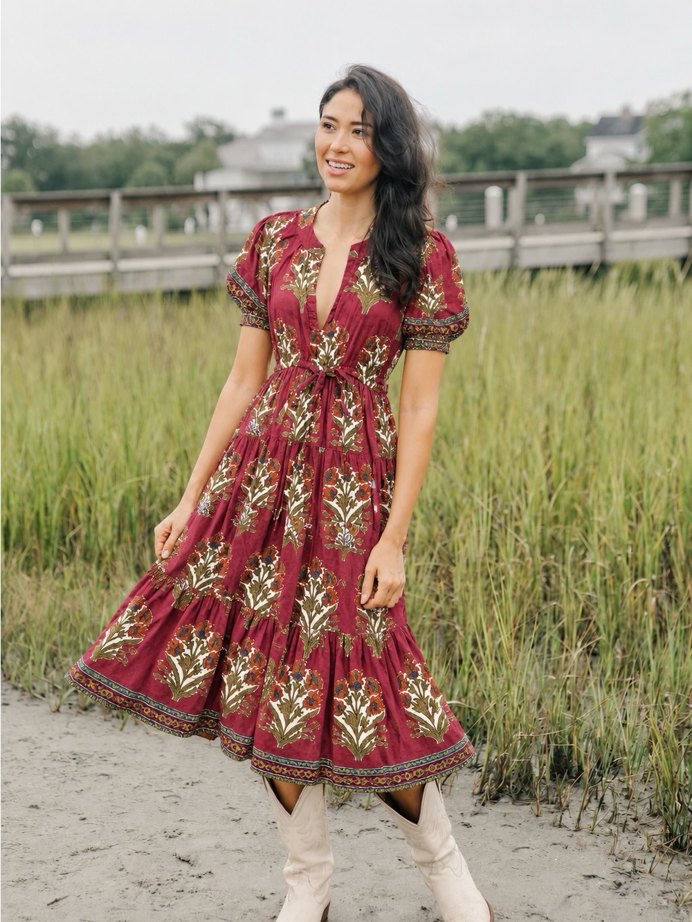 Victoria Dunn Floral Block Print Midi Dress – Size Small